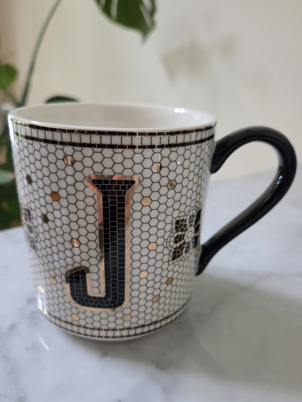 Anthropologie Bistro Tile Stoneware Mug Monogram Initial Letter J